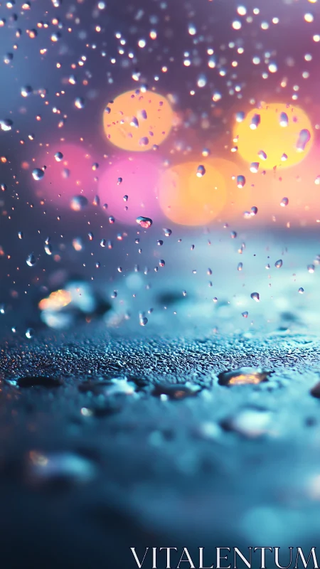 Macro bokeh rainfall with neon reflections on glass surface.