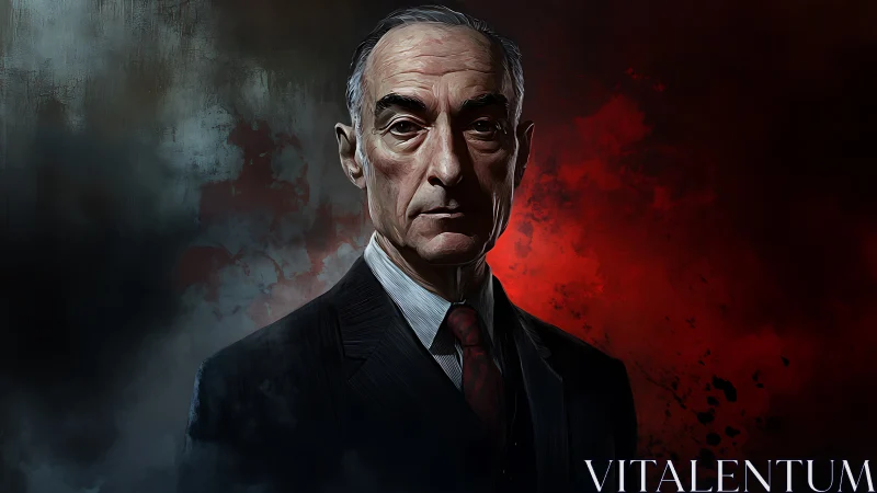 Stern older man in suit against dark red backdrop.