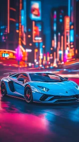 Blue supercar on neon city street at night scene.
