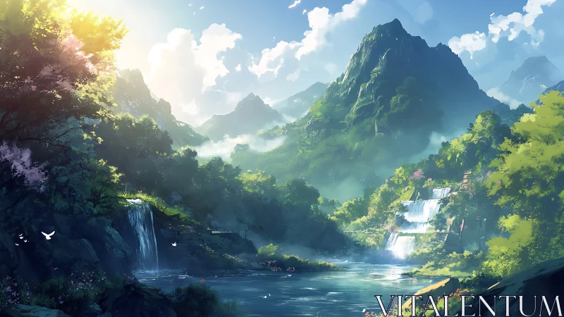 Sunlit alpine valley renders cascading waterfalls in detail