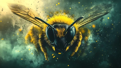 Macro digital rendering of a flying bee in motion dust field.