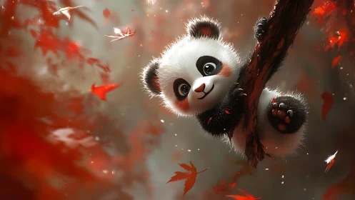 Autumn-lit baby panda on branch in shallow depth of field forest