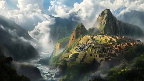 Sunlit mountain citadel wrapped in mist and memory.