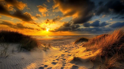 Sunlit dunes cradle a blazing ocean sunset in golden hush.