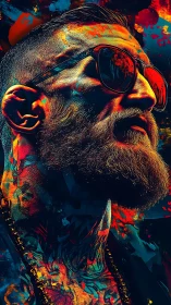 Neon-bearded rebel king drenched in splattered nightlife fire.