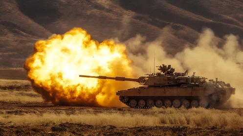 Military Tank Firing with Massive Explosion in Desert