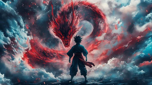 Solitary figure observes red spectral dragon in turbulent sky