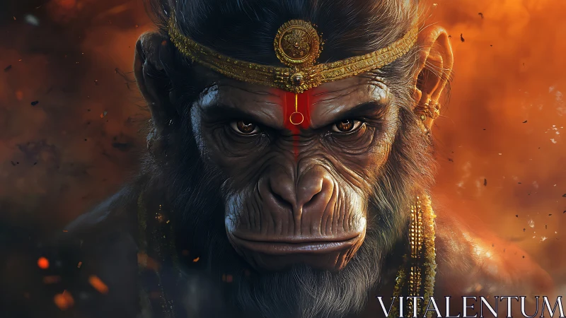 Intense warrior monkey god portrait in fiery scene.