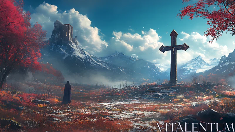 Solitary wanderer before monumental cross in alpine valley.