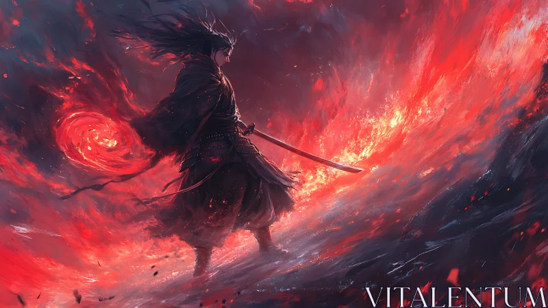 Flameforged ronin strides through a storm of crimson fire.