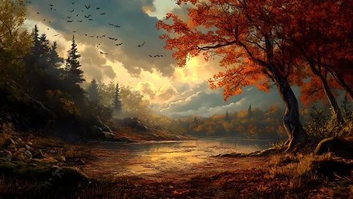 Autumn forest lake under dramatic sunset sky glow.