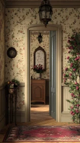 Vintage hallway interior frames doorway toward floral console