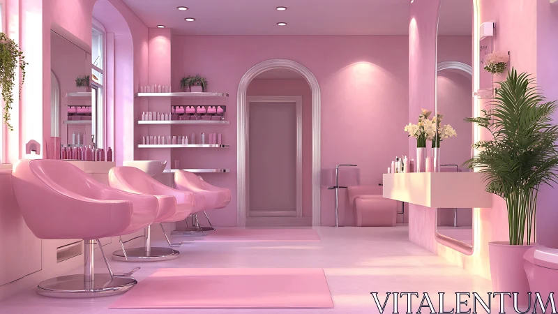 Pink salon interior shows symmetric seating and product shelves