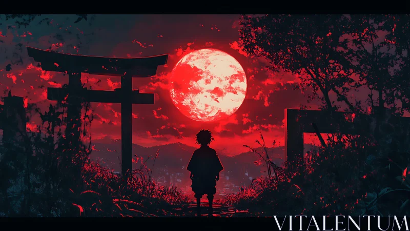 Lone silhouette before crimson supermoon at torii gateway.