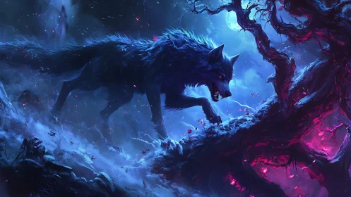 Dark lupine figure on snowy ridge under moonlit sky.