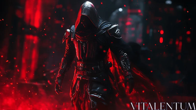 Bloodlit shadow reaper strides through ember-soaked gloom.