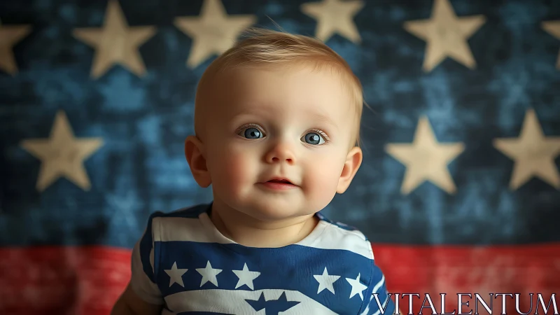Patriotic Infant Portrait with American Flag Backdrop.