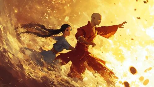 Elemental warriors commanding swirling golden energy storm.