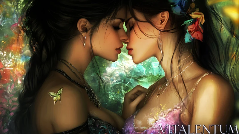 Two figures share an intimate moment surrounded by magical nature elements.