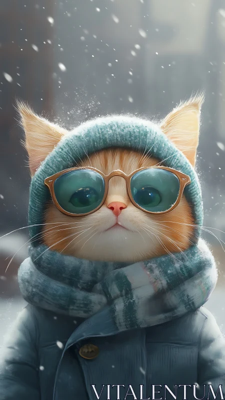 Orange cat wearing winter beanie, oversized glasses, scarf in snow scene