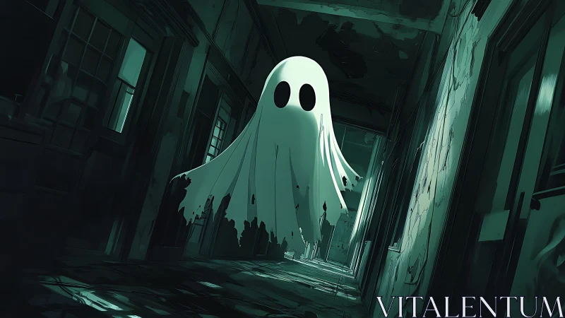 Sheeted ghost form in deteriorated interior hallway scene.