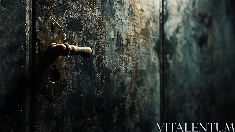 Rusty metal door handle protrudes from corroded surface