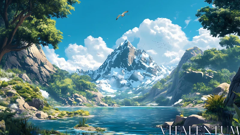 Snowcrowned peak guards a tranquil emerald valley lake.