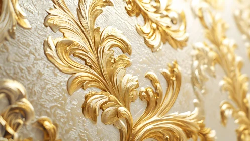 Luxurious golden baroque floral pattern on textured wallpaper.