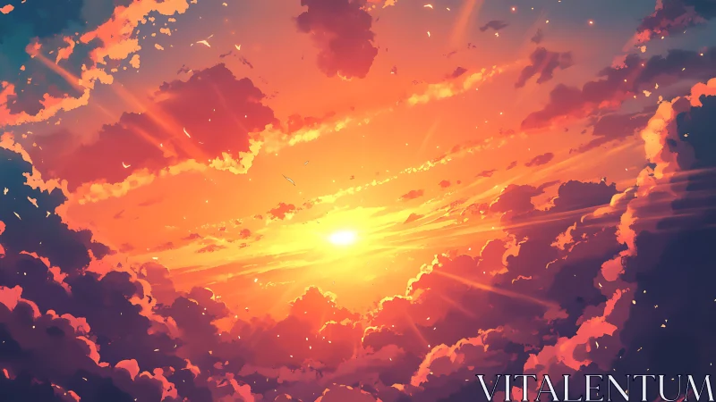 Radiant sunset sky with volumetric clouds and warm flares.