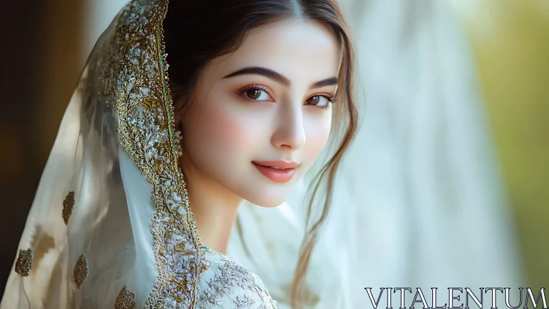 Bridal portrait in ornate embroidered dupatta, warm soft focus