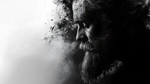 Weathered profile dissolving into abstract darkness.