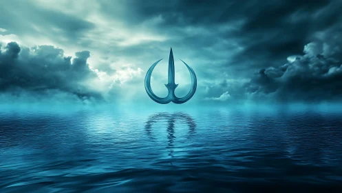Futuristic trident emblem levitates above cyan reflective ocean