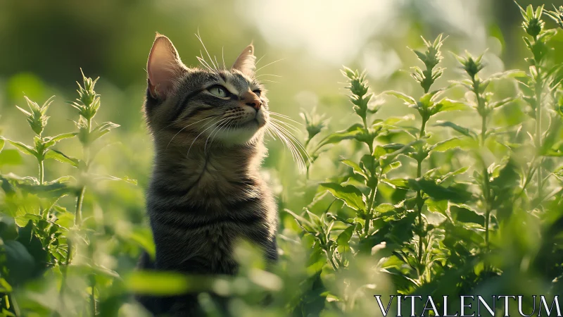 Tabby Cat in Garden Wildflowers.