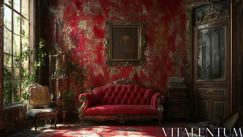 Decayed baroque lounge with red tufted settee and ivy ingress.