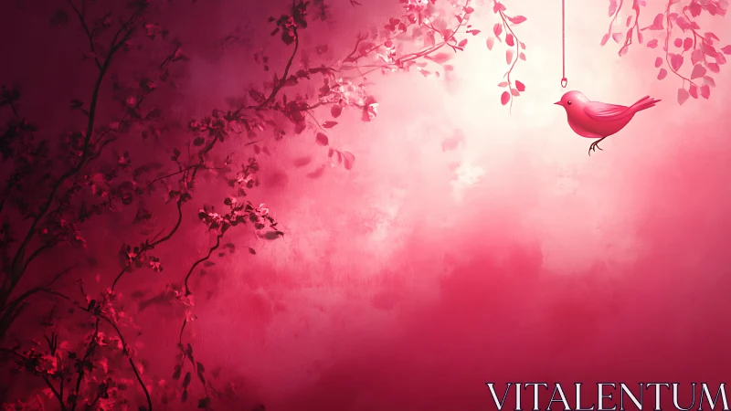 Pink songbird hanging among glowing cherry branches.