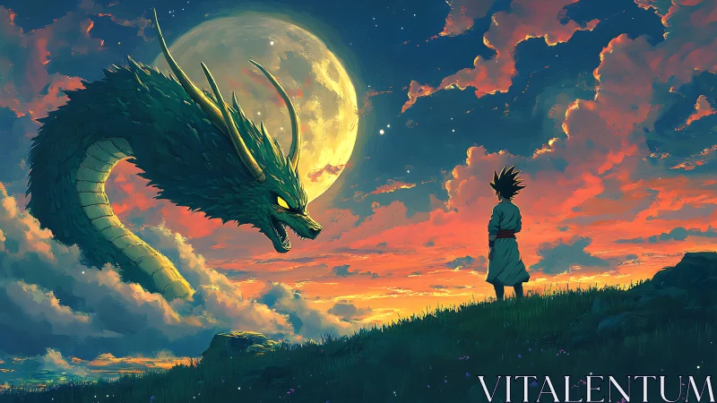 Moonlit sky dragon greets a lone dusk-side dreamer.