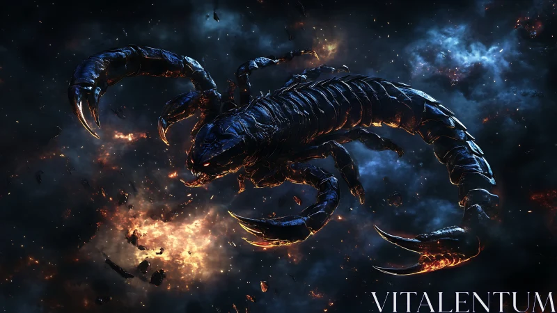 Cosmic armored scorpion drifting through fiery nebulae.