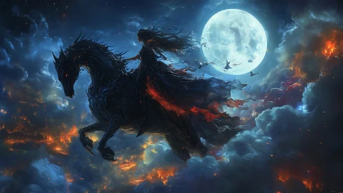 Dark rider commands infernal steed beneath burning moon.