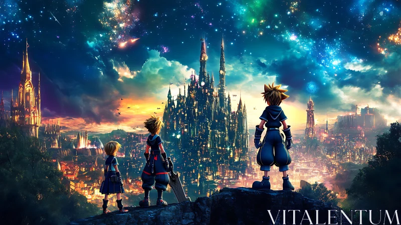 Three anime characters observe illuminated fantasy city skyline