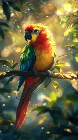 Sunlit jungle parrot stitches fire and foliage together