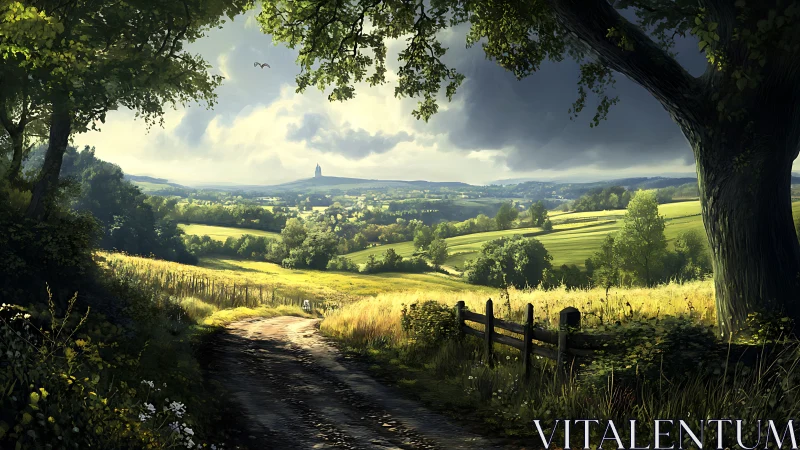 Sunlit rural path overlooking distant valley and tower.