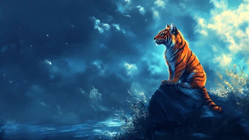 Luminous tiger silhouette on moonlit cliff in cyan haze.