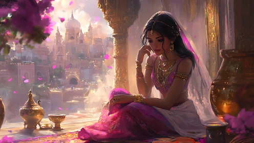 Digital painting of jeweled princess on palace terrace at dusk.