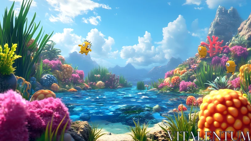 Vibrant coral lagoon with playful cartoon pufferfish.