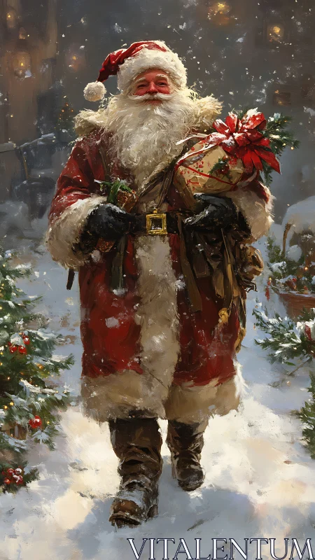 Classic Santa walking through snowy Christmas street scene.