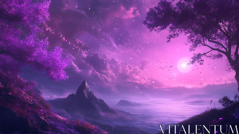 Dreamy lavender moonrise over a tranquil fantasy coast.