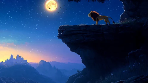 Lion on cliff ledge under moonlit sky overlooking valley.