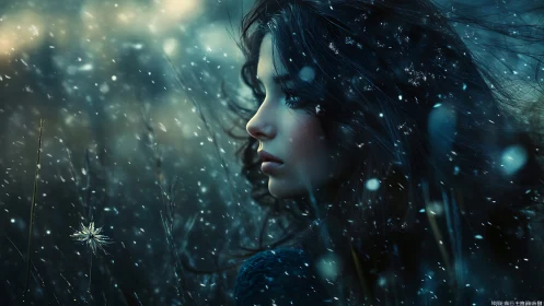 Winter-lit profile of a girl amid swirling snowflakes.