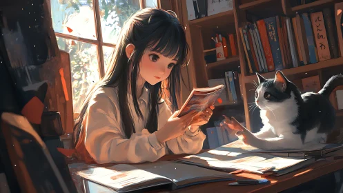 Anime interior study scene with girl, cat, and warm backlight.