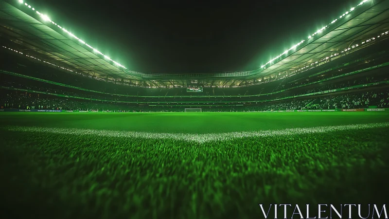 Illuminated football stadium interior shows empty green pitch